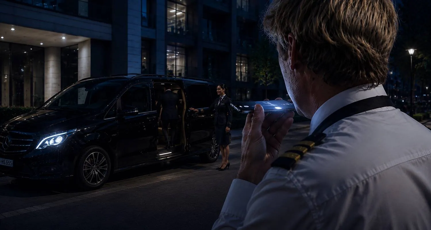 Conductor de transporte ejecutivo grabando una muestra de voz antes de iniciar su turno nocturno